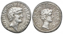Marcus Antonius and C. Caesar Octavianus with M. Barbatius Denarius mint moving with M. Antony 41, AR 19mm., 3.78g. M·ANT·IMP·AVG·III·VIR·R·P·C·M BARB...