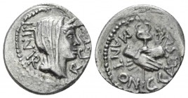 C. Caesar Octavianus and Marcus Antonius. Quinarius mint moving with Octavian 39, AR 15mm., 1.79g. III·VIR· – R·P·C Diademed head of Concordia r. Rev....