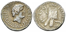 M. Antonius. Denarius mint moving with M. Antonius 36, AR 20.5mm., 3.79g. ANTONIVS AVGVR COS DES ITER ET TERT Head of M. Antony r. Rev. IMP TERTIO III...