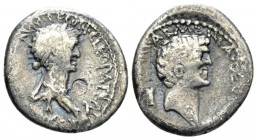 Cleopatra with Marcus Antonius. Denarius int moving with M. Antonius 32, AR 18mm., 3.20g. CLEOPATRAE ·REGINAE·REGVM·FILIORVM·REGVM Draped and diademed...