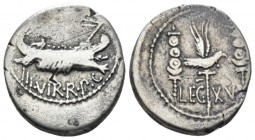 Marcus Antonius. Denarius mint moving with M. Antony 32-31, AR 17.5mm., 3.27g. ANT AVG – III·VIR·R·P·C Galley r., with sceptre tied with fillet on pro...