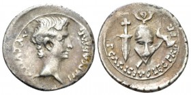 Octavian as Augustus, 27 BC – 14 AD Denarius circa 25-23, AR 21mm., 3.85g. Bare head r. Rev. Celtiberian helmet between dagger and bipennis. C 406. RI...