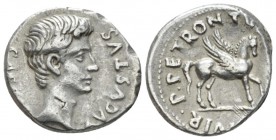 Octavian as Augustus, 27 BC – 14 AD Denarius circa 19 BC, AR 18mm., 3.98g. Bare head r. Rev. Pegasus walking r. C 491. RIC 297. Rare, banker's mark on...