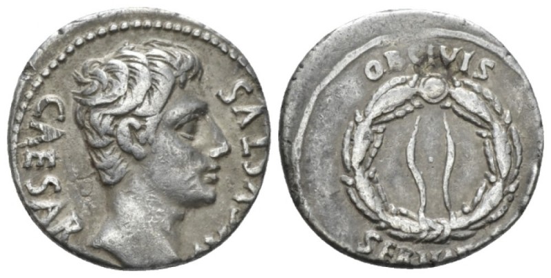 Octavian as Augustus, 27 BC – 14 AD Denarius Caesaraugusta (?) circa 19-18 BC, A...