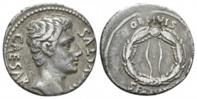 Octavian as Augustus, 27 BC – 14 AD Denarius Caesaraugusta (?) circa 19-18 BC, AR 19mm., 3.67g. Bare head r. Rev. OB CIVIS / SERVATOS above and below ...