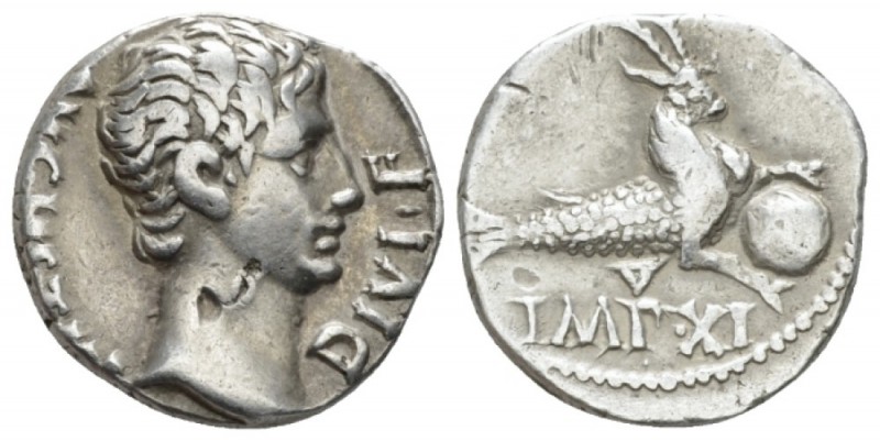 Octavian as Augustus, 27 BC – 14 AD Denarius Lugdunum circa 12, AR 18mm., 3.79g....