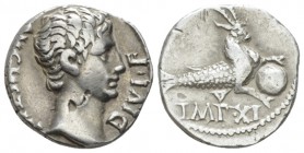 Octavian as Augustus, 27 BC – 14 AD Denarius Lugdunum circa 12, AR 18mm., 3.79g. Bare head r. Rev. Capricorn r., holding globe; below, IMP XI. C 147. ...