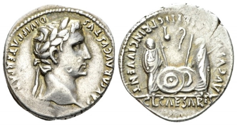 Octavian as Augustus, 27 BC – 14 AD Denarius Lugdunum circa 2 BC - 4 AD, AR 18mm...