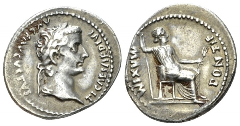 Tiberius, 14-37 Denarius circa 14-37, AR 21mm., 3.76g. Laureate head r. Rev. Pax...
