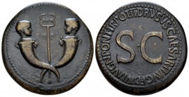 In the name of Drusus, son of Tiberius Sestertius circa 22-23, Æ 36mm., 27.11g. Confronted heads of two little boys on crossed cornucopiae with caduce...