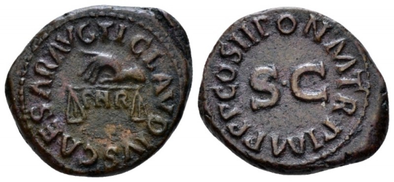 Claudius, 41-54 Quadrans circa 41, Æ 18mm., 2.53g. Three-legged modius. Legend a...