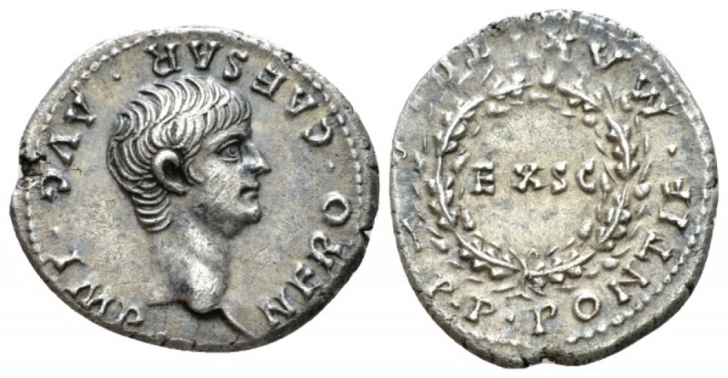 Nero, 54-68 Denarius Lugdunum circa 56-57, AR 20mm., 3.42g. Bare head r. Rev. Le...