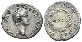 Nero, 54-68 Denarius Lugdunum circa 56-57, AR 20mm., 3.42g. Bare head r. Rev. Legend around oak wreath, within EX • S C. C 207. BMC 14. RIC 12.

Nic...
