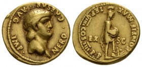 Nero, 54-68 Aureus circa 62-63, AV 19mm., 7.50g. Bare head r. Rev. Roma, helmeted and in military attire, standing r., inscribing round shield held on...
