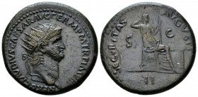 Nero, 54-68 Dupondius circa 64, Æ 30mm., 11.31g. Radiate head r. Rev. Securitas seated r. on throne, resting head against her hand and holding short s...