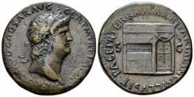 Nero, 54-68 Sestertius circa 65, Æ 36mm., 27.51g. Laureate head r., with globe at point of bust. Rev. View of the temple of Janus, door to r., decorat...