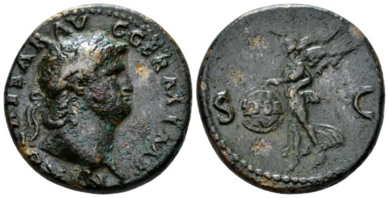 Nero, 54-68 As circa 65, Æ 28mm., 11.90g. Laureate head r. Rev. S – C Victory fl...