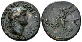 Nero, 54-68 As circa 65, Æ 28mm., 11.90g. Laureate head r. Rev. S – C Victory flying l., holding in both hands shield inscribed S P Q R. C 288. RIC 31...
