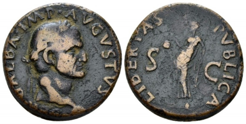 Galba, 68-69 As Tarraco circa 68, Æ 28mm., 10.35g. Laureate bust r., with globe ...