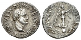 Galba, 68-69 Quinarius Lugdunum circa 68-69, AR 16mm., 1.78g. Laureate head r. Rev. Victory, draped, standing r. on globe holding wreath and palm. BMC...