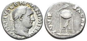 Vitellius, January – December 69. Denarius circa 69, AR 18mm., 3.30g. Laureate head r. Rev. Tripod-lebes surmounted with dolphin lying to r.; raven st...
