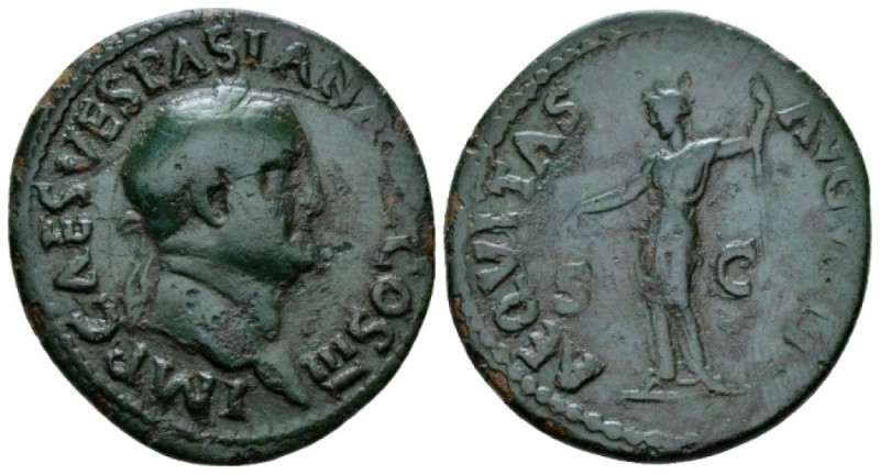 Vespasian, 69-79 As circa 71, Æ 29mm., 8.49g. Laureate head r. Rev. Aequitas sta...