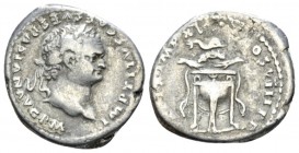 Titus, 79-81 Denarius 1st January-30 June 80, AR 17.1mm., 3.03g. Laureate head with slight beard r. Rev. Tripod with fillets; above, dolphin. C 321. R...