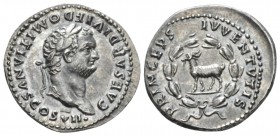 Domitian caesar, 69 – 81. Denarius circa 80-81, AR 20.3mm., 3.34g. CAESAR DIVI F DOMITIANVS COS VII Laureate and bearded head r. Rev. PRINCEPS – IVVEN...