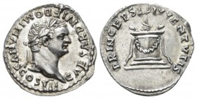 Domitian caesar, 69 – 81. Denarius circa 80-81, AR 18mm., 3.56g. CAESAR DIVI F DOMITIANVS COS VII Laureate and bearded head r. Rev. PRINCEPS – IVVENTV...