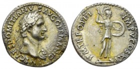 Domitian, 81-96 Denarius plated circa 84, AR 19mm., 3.31g. Laureate bust r., wearing aegis. Rev. Minerva advancing r., holding shield and spear. C 355...