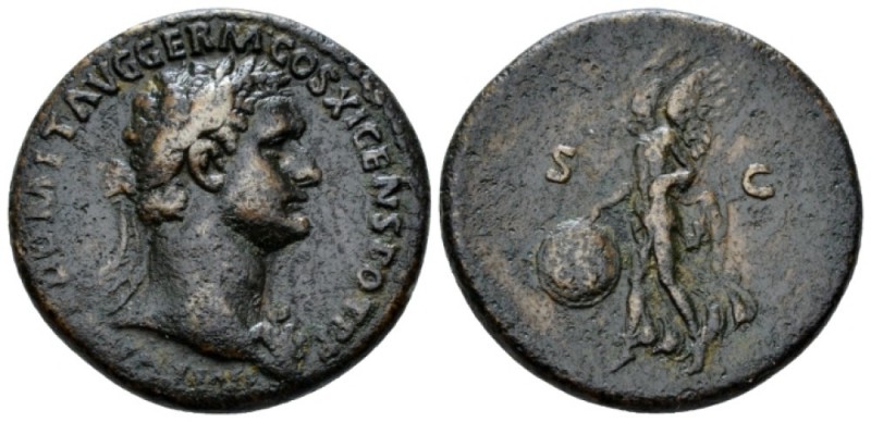 Domitian, 81-96 As circa 85, Æ 28mm., 10.41g. Laureate bust r., wearing aegis. R...