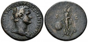 Domitian, 81-96 As circa 85, Æ 28mm., 10.41g. Laureate bust r., wearing aegis. Rev. Victory flying l., holding shield. C 468. RIC 388

Nice brown-gr...