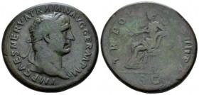 Trajan, 98-117 Sestertius circa 101-102, Æ 37mm., 27.80g. Laureate head r., slight drapery on l. shoulder. Rev. Pax seated l., holding branch and scep...