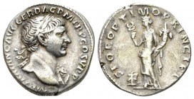 Trajan, 98-117 Denarius circa 106-107, AR 18mm., 3.47g. Laureate bust r., wearing aegis. Rev. Felicitas standing l., holding caduceus and cornucopia; ...