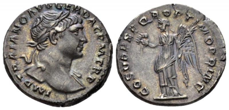 Trajan, 98-117 Denarius circa 107-108, AR 18mm., 3.34g. Laureate bust r., with d...