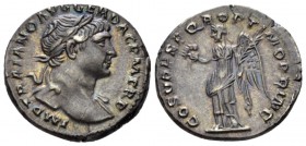 Trajan, 98-117 Denarius circa 107-108, AR 18mm., 3.34g. Laureate bust r., with drapery on l. shoulder. Rev. Victory standing l., holding wreath and pa...