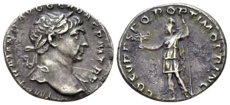 Trajan, 98-117 Denarius circa 110, AR 18mm., 3.52g. Laureate bust r., with drape...