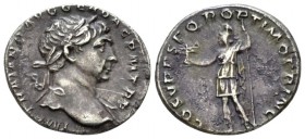 Trajan, 98-117 Denarius circa 110, AR 18mm., 3.52g. Laureate bust r., with drapery on l. shoulder. Rev. Roma standing l., holding Victory and sceptre....