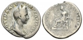 Plotina, wife of Trajan Denarius circa 112-114, AR 20mm., 3.09g. Draped bust r., wearing hair bunched high in front and held in position by a double s...