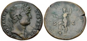 Hadrian, 117-138 Sestertius circa 125-128, Æ 33mm., 23.05g. Laureate bust r., with drapery on l. shoulder. Rev. Virtus standing l., holding parazonium...