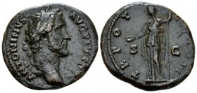 Antoninus Pius, 138-161 As circa 140, Æ 28mm., 12.45g. Laureate head r. Rev. Clementia standing slightly l., holding patera and sceptre. C 905. RIC 69...