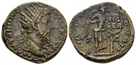 Marcus Aurelius, 161-180 Dupondius circa 170-171, Æ 23mm., 13.87g. Radiate head r. Rev. Victory standing r.; fixing to a tree a shield inscribed VIC G...