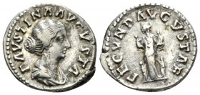 Faustina junior, daughter of Antoninus Pius and wife of Marcus Aurelius Denarius circa 147-176, AR 18mm., 3.24g. Draped bust r. Rev. Fecunditas standi...