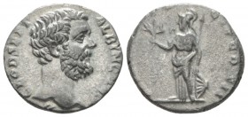 Clodius Albinus Caesar, 193-195. Denarius circa 194-195, AR 16mm., 3.07g. Bare head r. Rev. Helmeted Minerva, standing front, head l., holding olive-b...