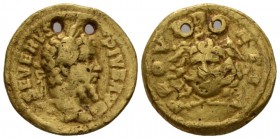 Septimius Severus, 193-211 Aureus circa 202-210, AV 20mm., 6.08g. Laureate head r. Rev. Gorgoneion facing. C 589. RIC 285. Calicó 2523. Extremely rare...