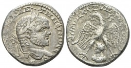 Caracalla, 198-217 Tetradrachm Emesa circa 215-217, AR 25.2mm., 12.01g. Laureate head r. Rev. Eagle standing facing, head l., wings displayed, holding...