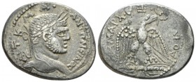 Caracalla, 198-217 Tetradrachm Seleucia Pieria circa 215-217, AR 29.1mm., 12.91g. Laureate head r. Rev. Eagle standing facing on thunderbolt, head r.,...