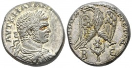 Caracalla, 198-217 Tetradrachm Beroea (Cyrrhestica) circa 215-217, AR 25mm., 15.42g. Laureate, draped, and cuirassed bust r. Rev. Eagle standing facin...