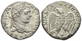Caracalla, 198-217 Tetradrachm Laodicea ad Mare circa 215-217, AR 25.3mm., 12.79g. Laureate head r. Rev. Eagle standing facing, head l., with wreath i...
