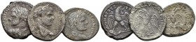 Caracalla, 198-217 Lot of 3 Tetradrachms circa 215-217, AR 25mm., 35.60g. Lot of 3 Tetradrachms: Antioch, Prieur 226. Berythus, Prieur 1292 and Seleuc...